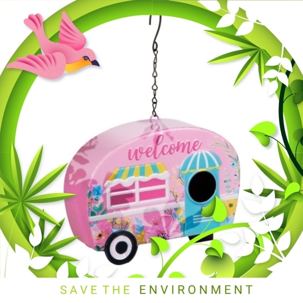 Colorful Camper Birdhouse Metal Blue & Pink - Picture 6 of 9
